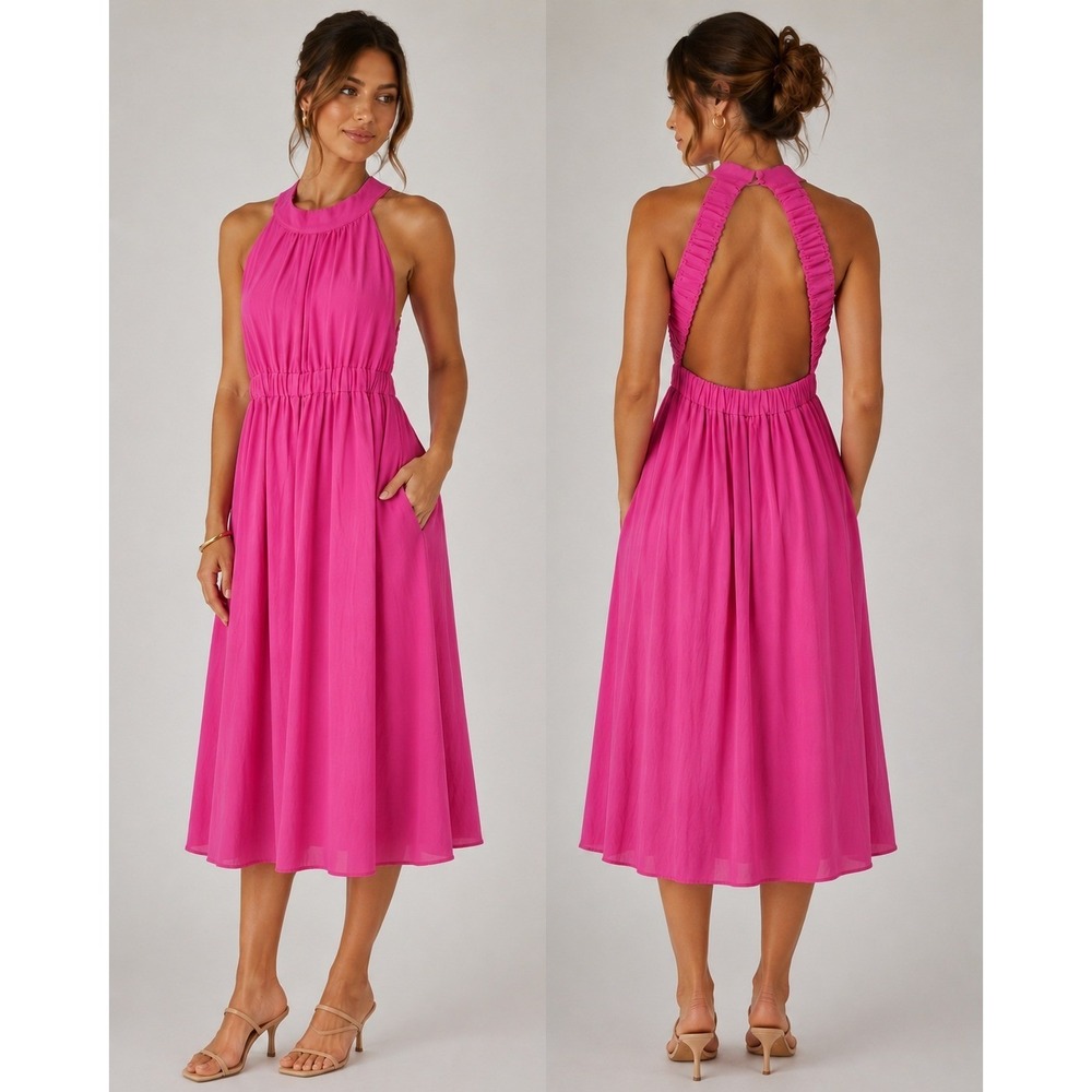NEW Entro Fuchsia Hot Pink Halter Open Back Ruched Midi Dress D18284 Large